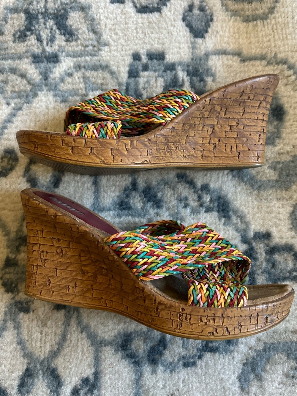 Y2K Bongo Multi Color Braided Leather Boho Glam Open Toe Wedges